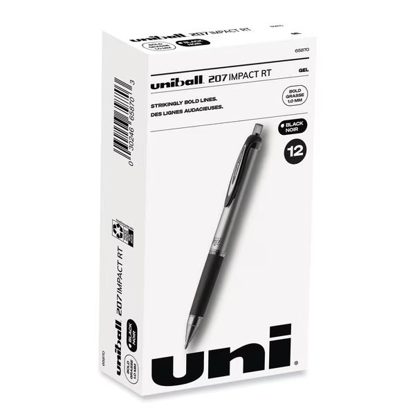 Impact 207 Retractable Gel Pen, Bold 1mm, Black Ink, Black Barrel, Uni-Ball, Mfr#: 65870
